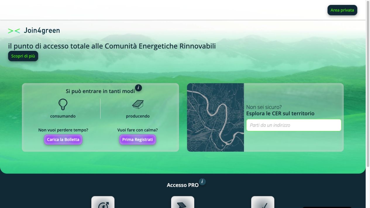 Pagina di accesso e ricerca delle Comunità Energetiche Join4green